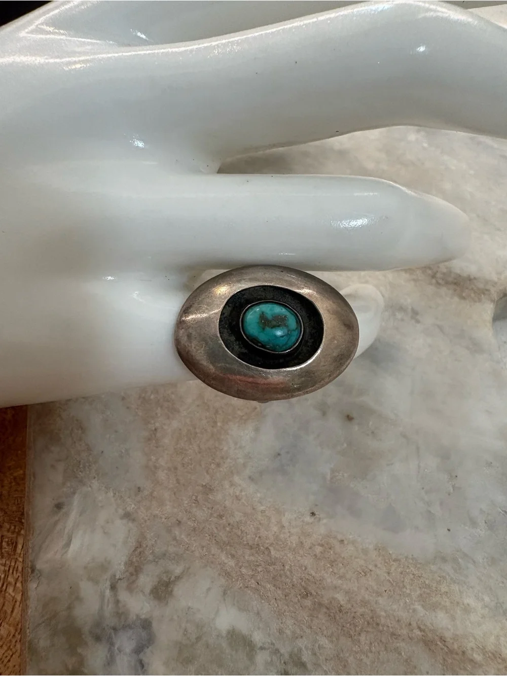 Vintage Silver Ring with Turquoise Oval Stone - Size 3.5